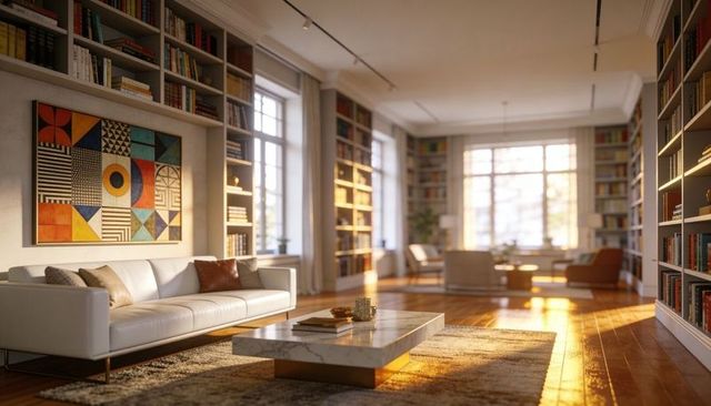 Sunlit luxury home library with white leather sofa, marble coffee table and wall art, cozy ambiance