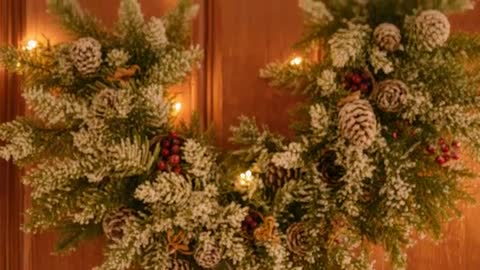 Shifting Focus on Frosted Christmas Wreath with Warm Bokeh Door Lights — Cozy Holiday Mood