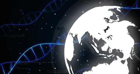 Glowing dna helix orbiting digital earth globe over dotted mesh for genomics and cybertech