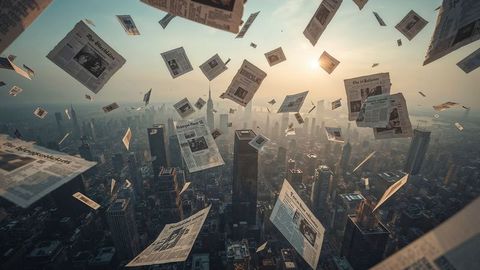 Floating Newspapers Above Urban Skyline at Sunset
