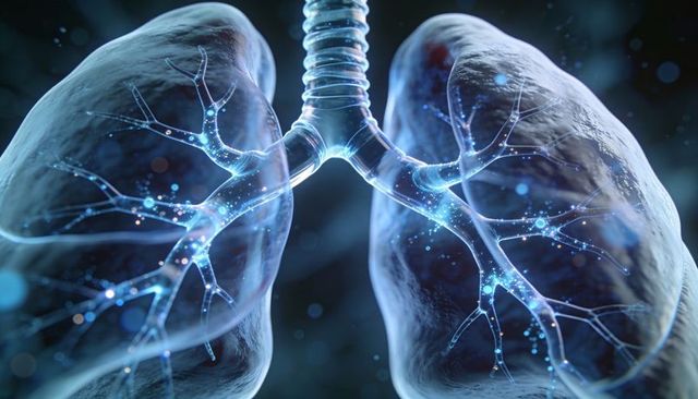 Lungs showing translucent anatomy and glowing bronchioles, futuristic medical cgi