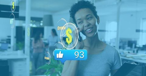 Businesswoman Discussing Digital Currency in Modern Office