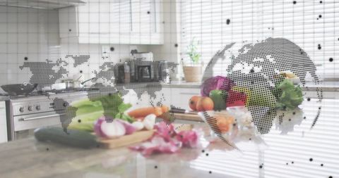 Global cooking concept showing fresh vegetables with knife and dotted world map overlay
