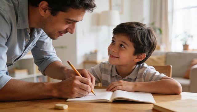 Father tutoring son at kitchen table smiling and learning during cozy homework moment