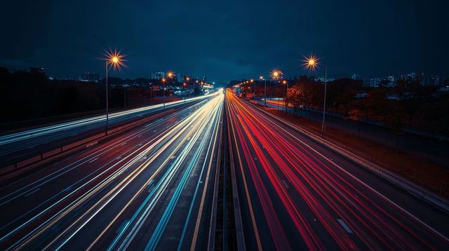 Night Highway Light Trails Converging to Horizon | Long Exposure Urban Traffic Motion