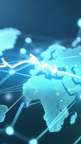 Animating dot-matrix world map linking neon nodes with pulsing data graph for global network