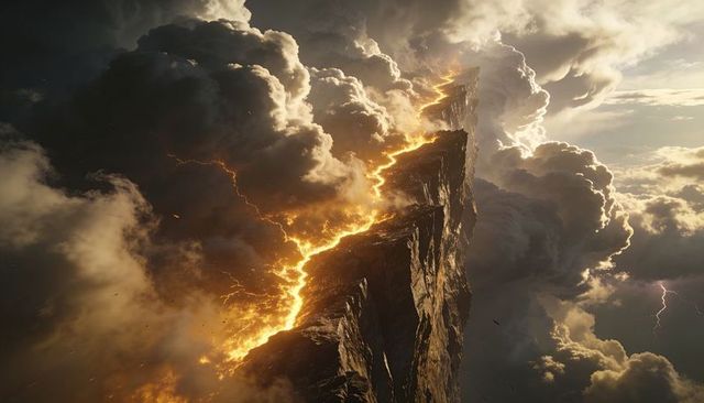 Molten fissure splitting thunderclouds along jagged sky ridge, lightning striking