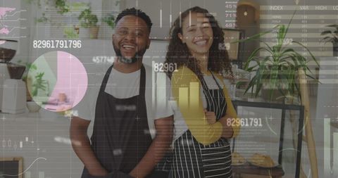 Entrepreneurship: Smiling Cafe Staff with Data Overlay
