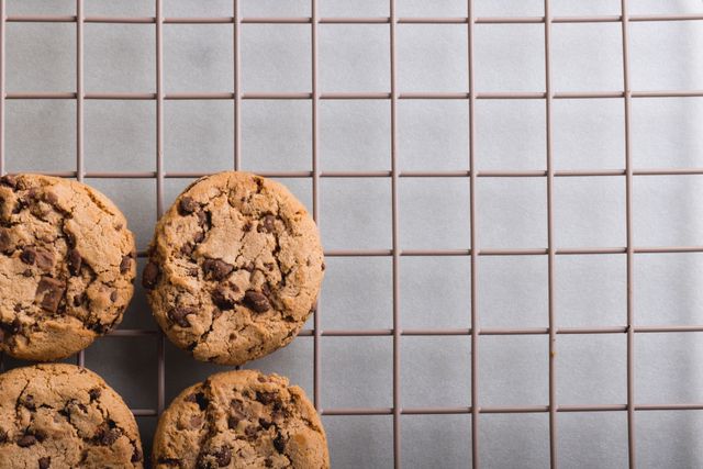 Freshly baked chocolate chip cookies cooling on a wire rack with ample copy space on the right. Ideal for use in food blogs, recipe websites, baking tutorials, and advertisements for baking products.