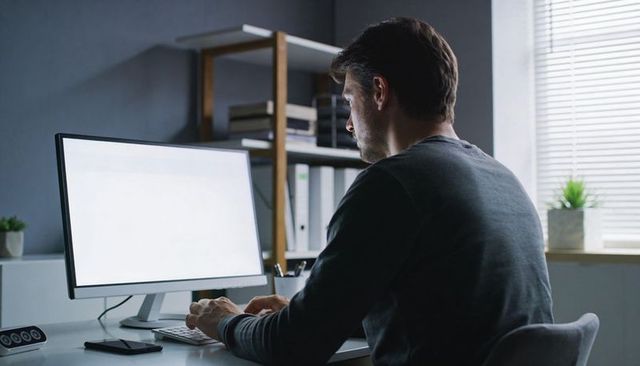 Adult man working on computer at home office desk with widescreen monitor and plants