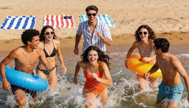 Energetic multicultural friends running and splashing through shallow surf at sunny beach