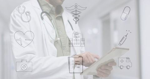 Male Doctor Holding Tablet and Tapping Telemedicine Icons Over Clinic Corridor Interface