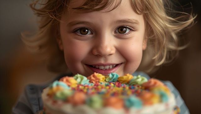 Happy preschool girl holding frosted cake with pastel rosettes and sprinkles