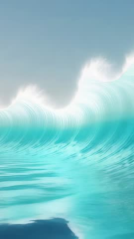Cresting turquoise ocean wave rising in vertical clip with white foam and calm reflection