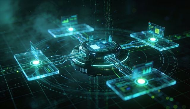 Ai hub connecting holographic dashboards via neon data conduits for network visualization
