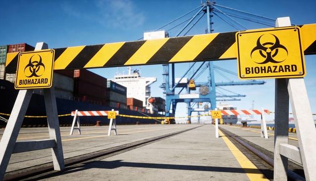Biohazard quay closure at container port showing yellow-black barrier, gantry cranes cargo