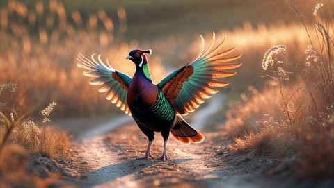 Majestic pheasant animal displaying iridescent feathers at golden hour