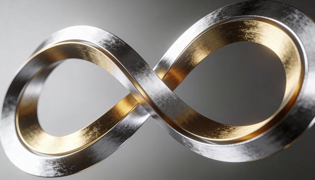 Floating metallic Mobius ribbon showcasing brushed silver exterior and gold interior infinity loop