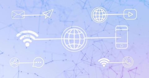 Animated globe connecting to smartphone and wi-fi icons on minimalist gradient network