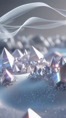 Ribbon gliding above prismatic crystal peaks casting shimmering metallic light — vertical video