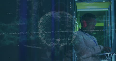 Data Analyst in Server Room with Digital Brain Overlay