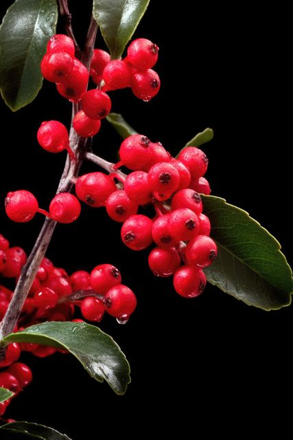 Close up of holly and red berries on black background, created using generative ai technology. Flower, nature, colour and christmas concept digitally generated image.