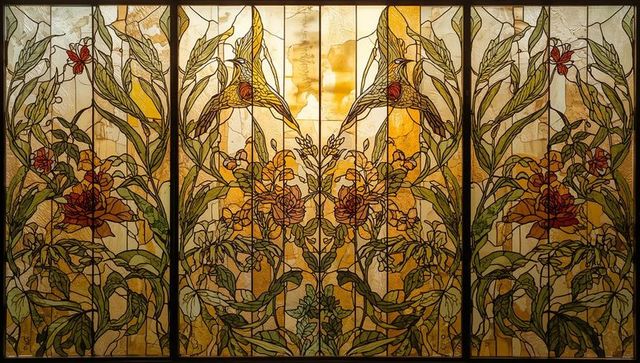 Ornate Art Nouveau Stained Glass Window with Birds and Floral Patterns