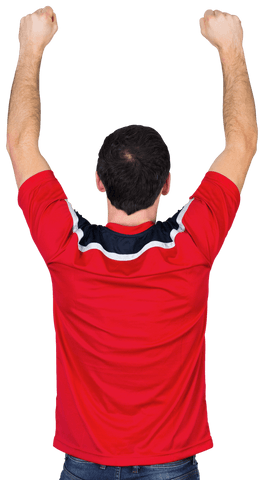 Cheering Football Fan in Transparent Red Jersey Recalls Victory