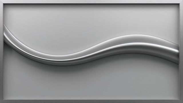 Sinuous metallic ribbon sculpture sweeping across brushed metal wall panel beveled frame