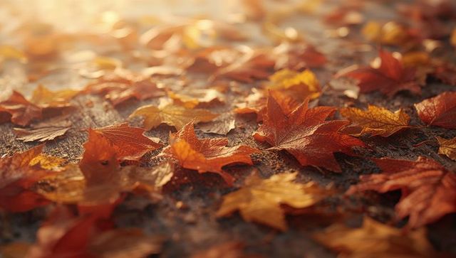 Vibrant fallen maple leaves on dew-covered forest floor