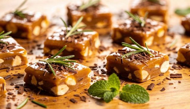 Caramel nut toffee squares featuring rosemary sprigs and chocolate shavings on wooden board