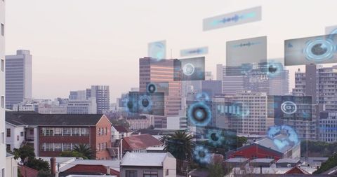 City skyline blending holographic ar hud overlays and pastel sunrise light
