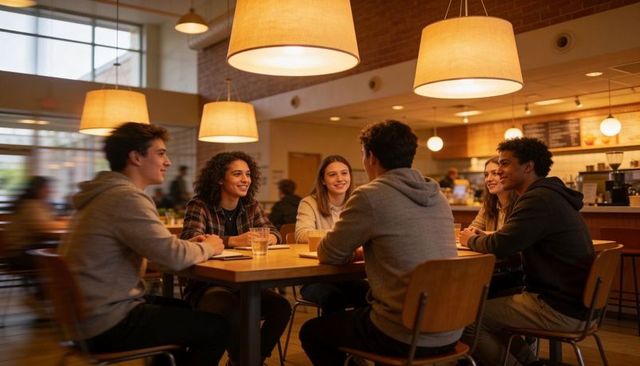 Six friends chatting around wooden table in cozy cafe studying and collaborating under warm lighting