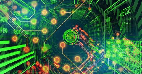 Futuristic Digital Vortex with Neon Green Code and Orange Nodes