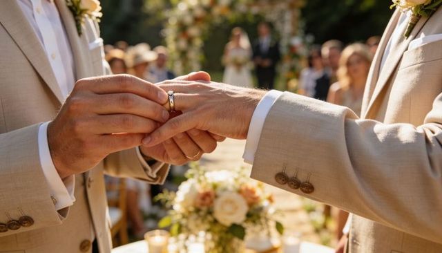Same-sex grooms exchanging rings in sunlit garden wedding ceremony wearing tan suits
