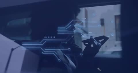 Person Engaging Smartphone in Car with Digital Overlay