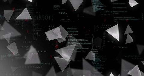 Floating translucent triangles revealing teal code and binary in neon holographic tech