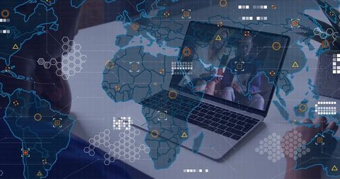 Global remote collaboration on laptop with world map overlay, analytics and dashboard