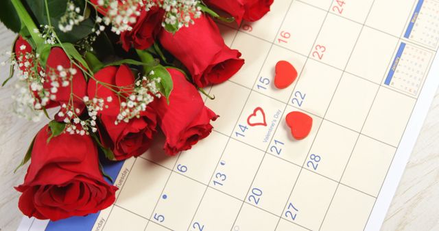 Red Roses on Calendar Marking Valentine's Day with Heart Decorations - Download Free Stock Photos Pikwizard.com
