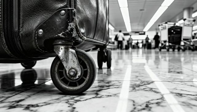 Worn suitcase wheel rolling across marble floor inside busy airport terminal