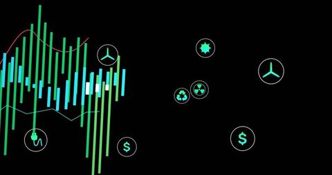 Neon Energy Market Dashboard Displaying Vertical Bar Chart, Trend Lines, Renewable Icons