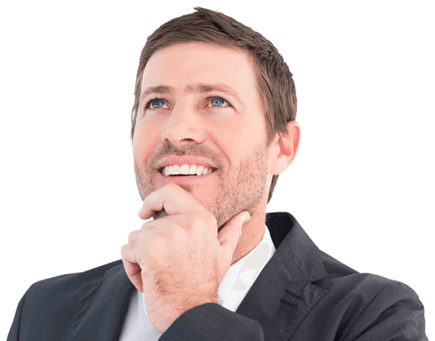 Businessman in suit contemplating with a cheerful smile