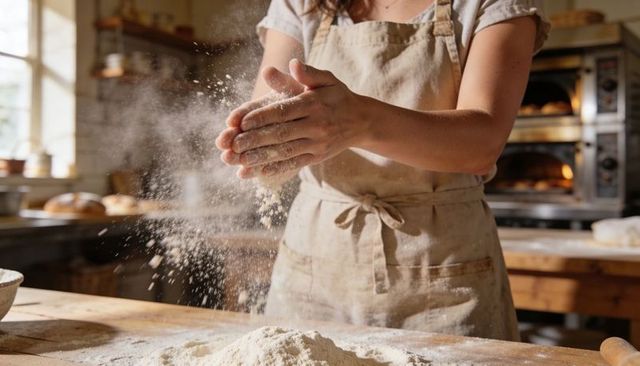 Baker clapping hands while dusting flour over wooden table in sunlit rustic bakery