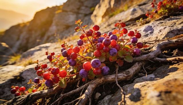 Alpine berry cluster glowing in golden sunset on rugged rocky slope with exposed roots