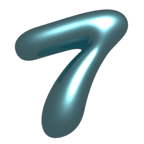 Transparent glossy cyan 3d numeral 7 with metallic teardrop reflection and rim light
