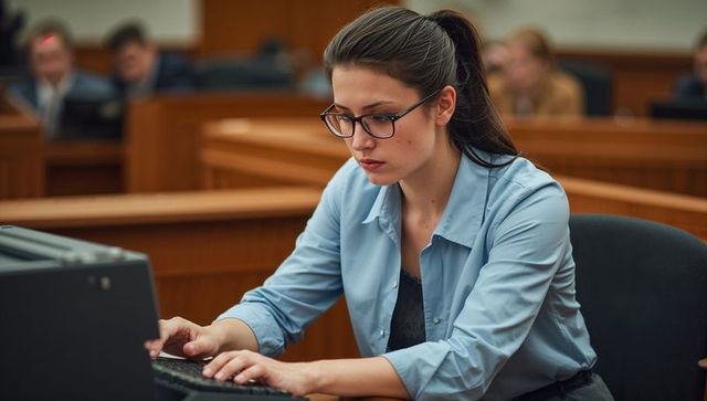 Focused law clerk typing at courtroom computer during legal hearing