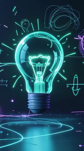 Pulsing Neon Lightbulb Sparking Cyan Energy Lines Vertical Motion Graphics for Innovation