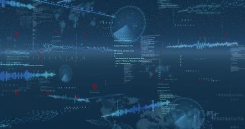 Futuristic Holographic Data Dashboard Displaying Floating Waveforms, Code, Global Analytics