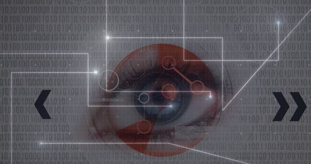 This digital imagery conveys a surveillance theme, using an eye to symbolize monitoring and cybersecurity. The background of binary code represents the concept of data flow and information security in a futuristic setting. Can be used for website banners on privacy and security, presentations on cybersecurity, or articles about tech innovations.