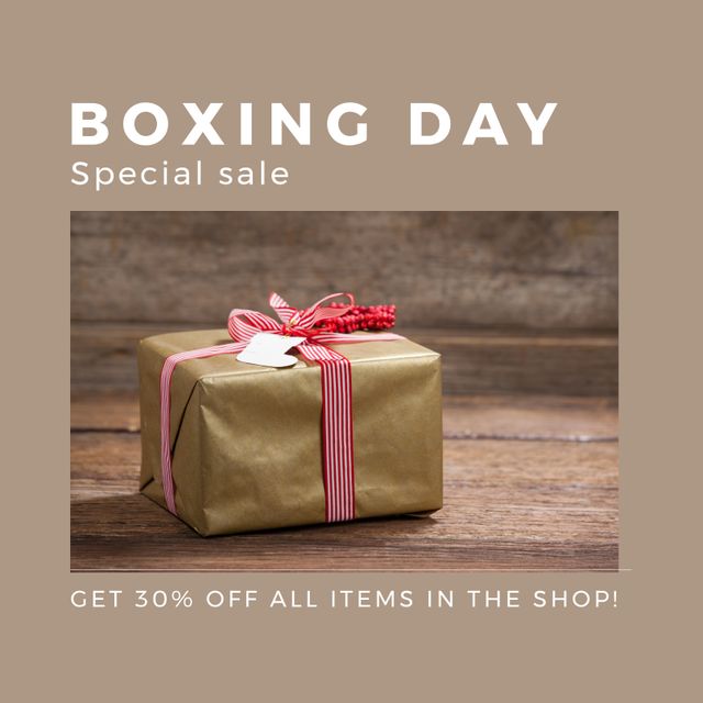 Composition of boxing day sales text over christmas present. Christmas, boxing day, sales, festivity, celebration and tradition concept digitally.